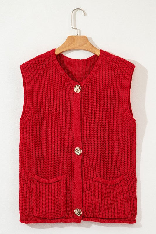 Textured Knit Buttoned Sweater Vest