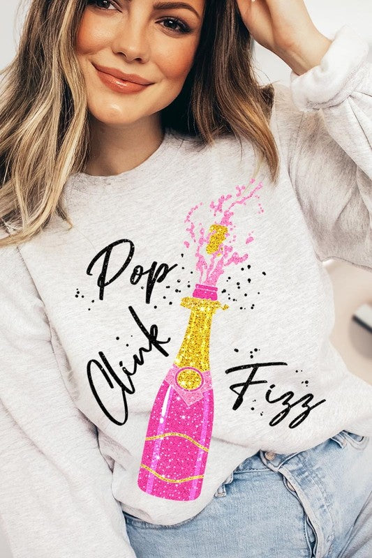 Faux Glitter Pop Clink Fizz Graphic Sweatshirts