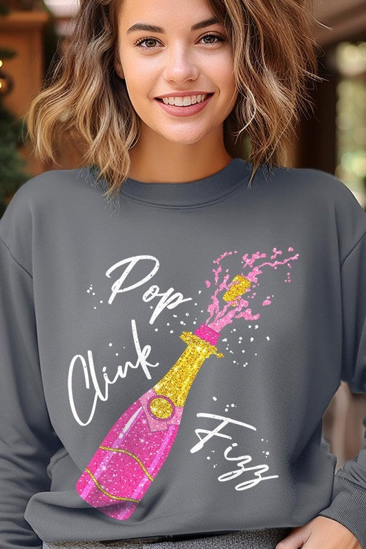 Faux Glitter Pop Clink Fizz Graphic Sweatshirts