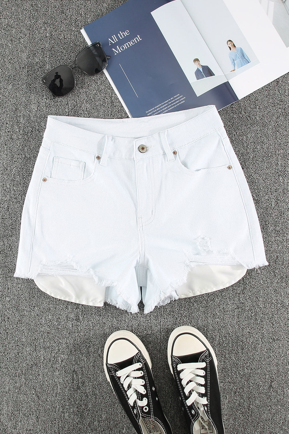 White Distressed Shorts - coral & reef
