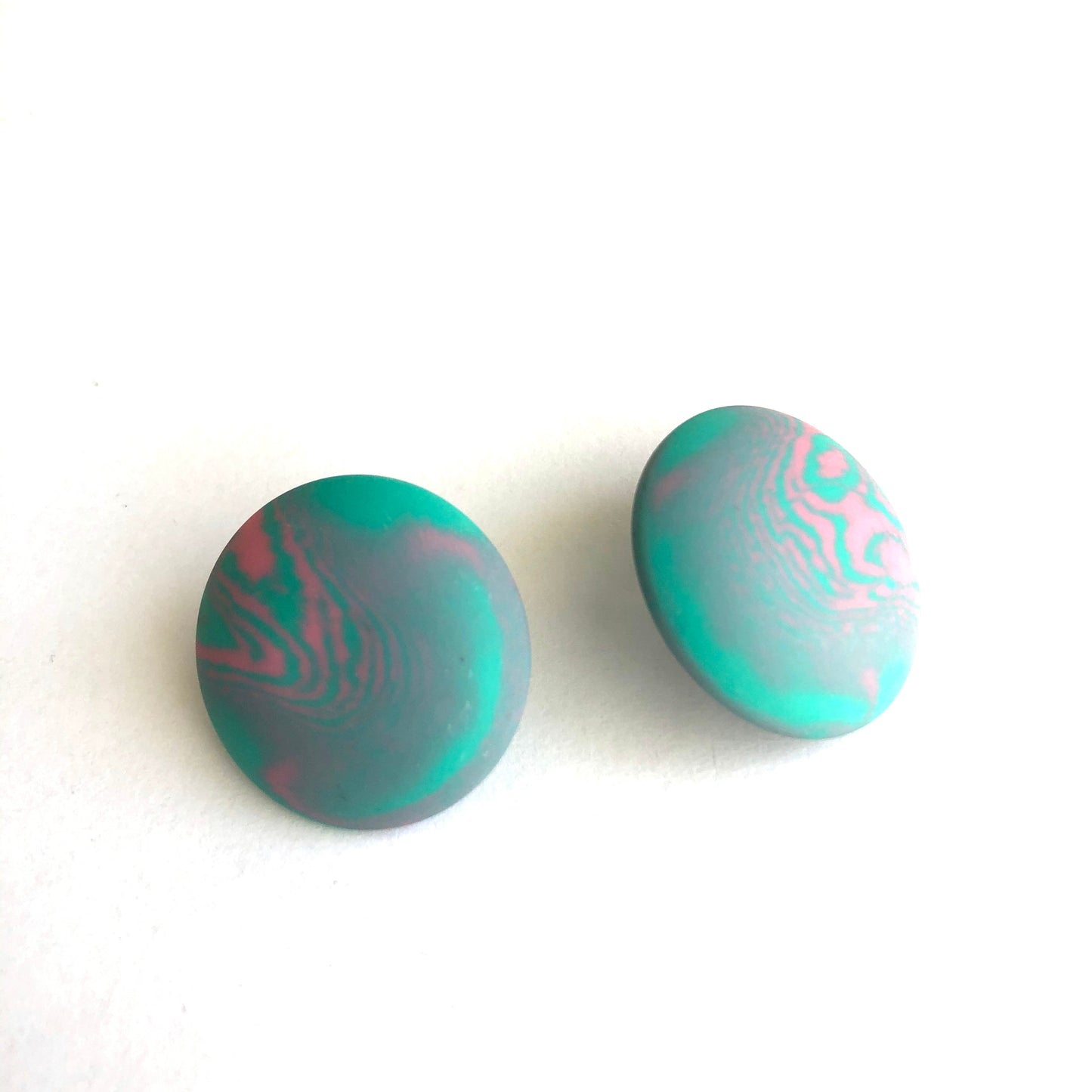 Seafoam Green & Pink Marbled Retro Button Stud Earrings - coral & reef