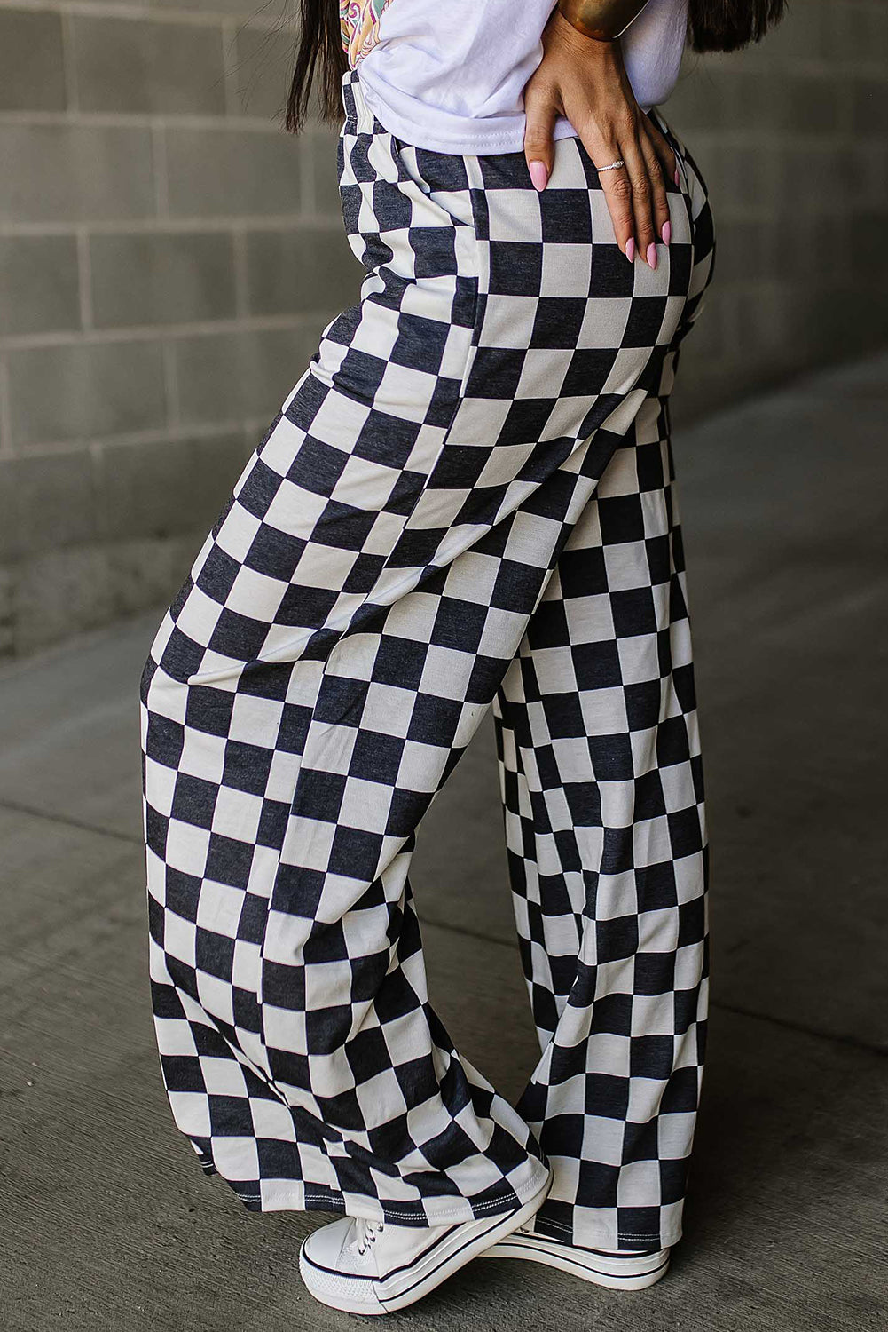 Black 2-Tone Checked Print High Waist Wide Leg Pants