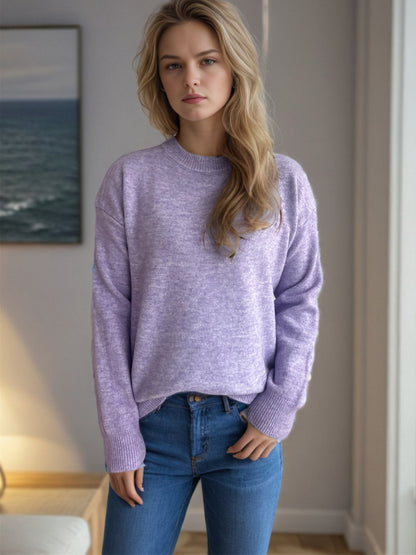 Round Neck Drop Shoulder Long Sleeve Sweater