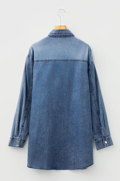 Blue Beau Chest Pocket Raw Hem Denim Loose Shirt Dress