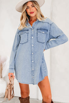 Beau Blue Chest Pocket Raw Hem Denim Loose Shirt Dress