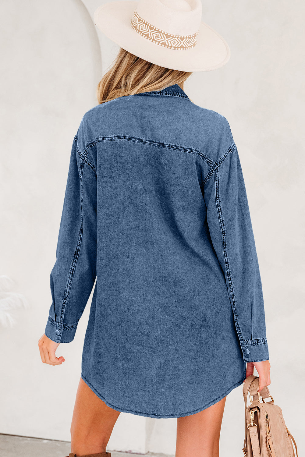 Blue Beau Chest Pocket Raw Hem Denim Loose Shirt Dress