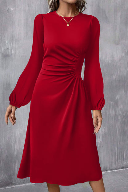 Fiery Red Solid Color Ruched Detail Long Sleeve Midi Dress