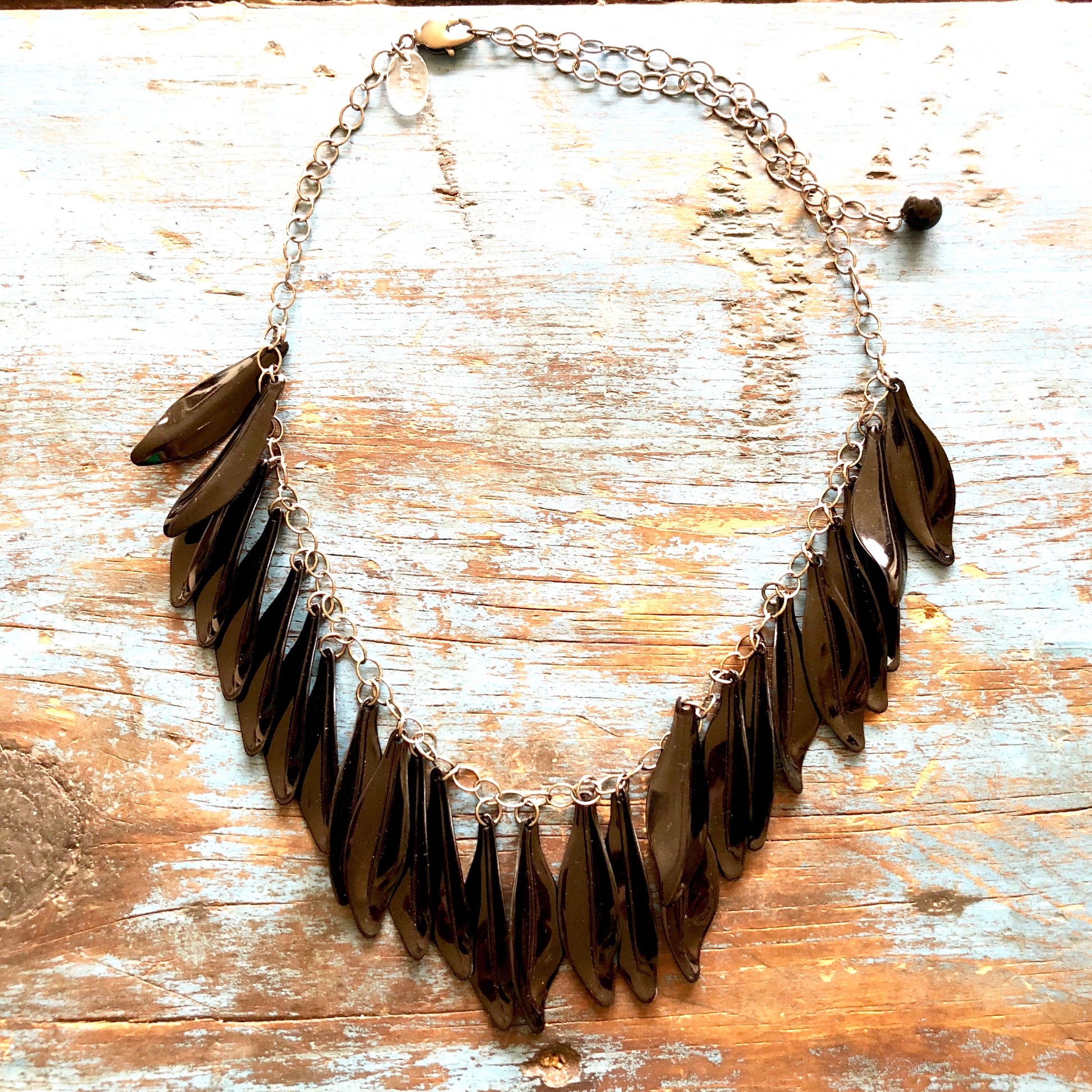 Black Jingle Leaves Necklace - Adjustable Gun Metal Chain - coral & reef 