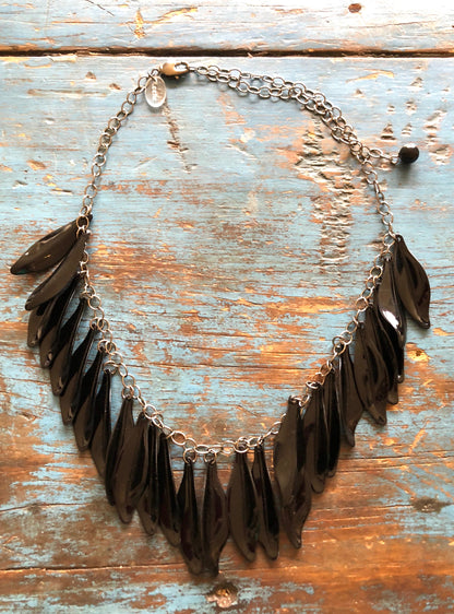 Black Jingle Leaves Necklace - Adjustable Gun Metal Chain - coral & reef 